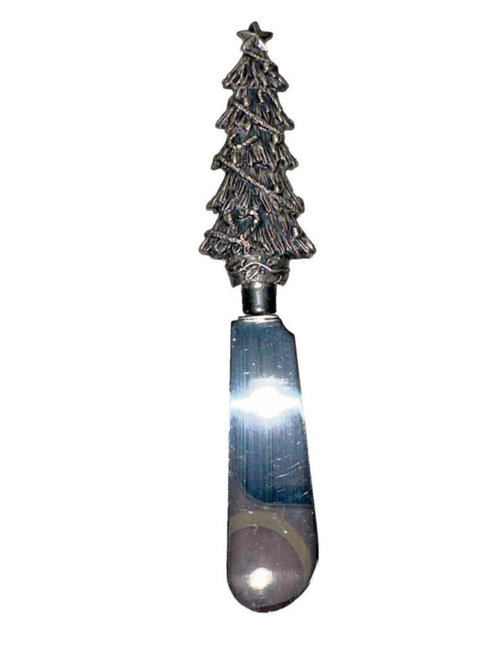 Vtg Gang STAINLESS AND PEWTER CHEESE SPREADER w Christmas Tree handle Ornate